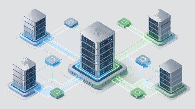 Clean flat vector illustration of connected data center servers and cloud network nodes on a light background for hosting, cybersecurity, and IT infrastructure marketing.