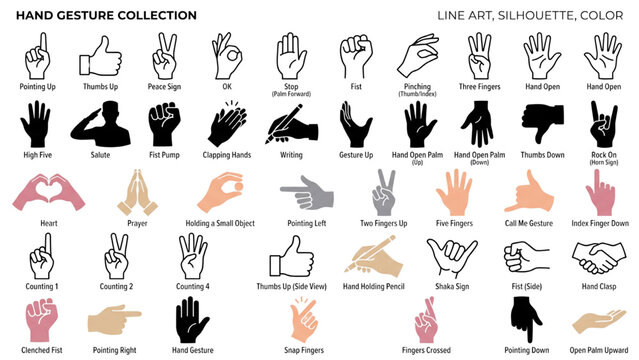 A collection of diverse hand gestures illustrated in various styles including line art, silhouette, and color. The gestures represent common communication signals and actions