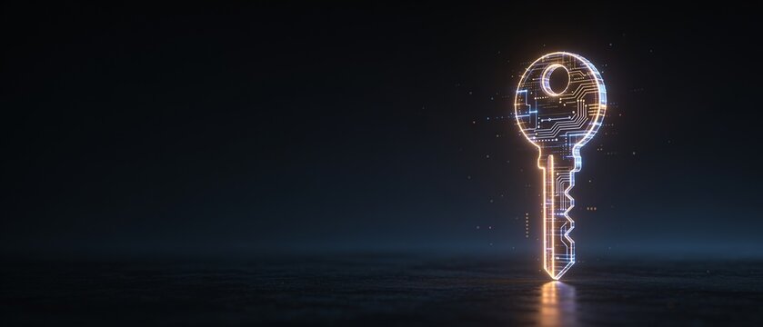 Digital key made of circuits floating above a dark landscape representing cybersecurity or digital access
