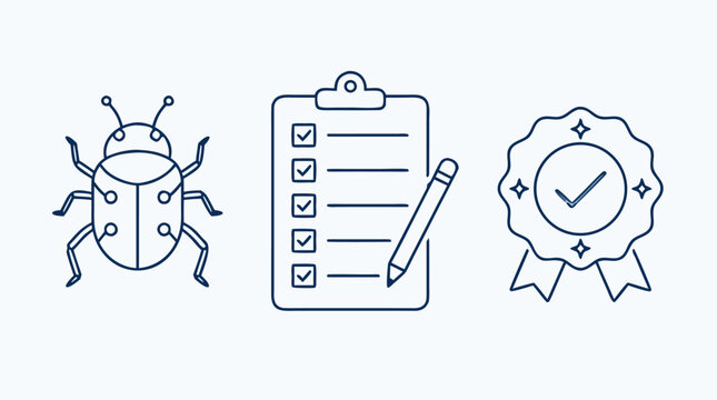 Clean flat vector illustration of software testing with bug, checklist, pencil and quality badge on a light background for QA workflow and app audit marketing.