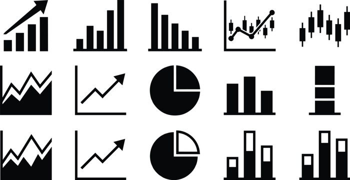 Collection of business finance graphs and charts icons on transparent background illustration.