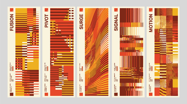 Abstract geometric glitch art banners, set of 5 vertical posters with fusion pivot surge signal and motion text, orange and red pixel sorting vector
