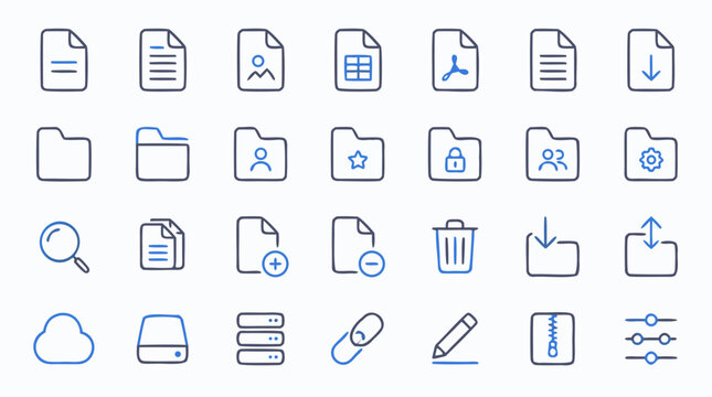 Clean flat vector illustration of file management and cloud storage line icons on a light background for apps, dashboards, websites, and document workflow design.