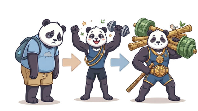 A progression of a panda transforming from chubby and sad to muscular and strong, showcasing the journey of fitness and self-improvement. The panda starts with a backpack, then lifts dumbbells.