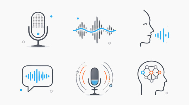 Clean flat vector illustration on a light background showing voice recognition, microphones, speech waveforms, and AI audio icons for podcast, transcription, or assistant app design.