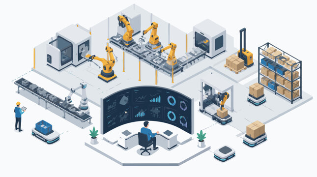 Clean flat vector illustration of an automated smart factory with robotic arms, conveyors, control dashboard and warehouse pallets on a light background for industry 4.0 presentations.