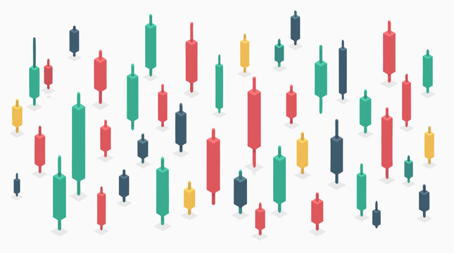 Clean flat vector illustration of colorful candlestick trading chart on a light grid background, ideal for finance apps, market reports, and investment dashboards.