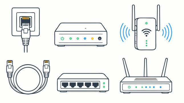 Clean flat vector illustration on a light background showing routers, modem, Wi-Fi extender, Ethernet cable and wall jack for networking service promotions.