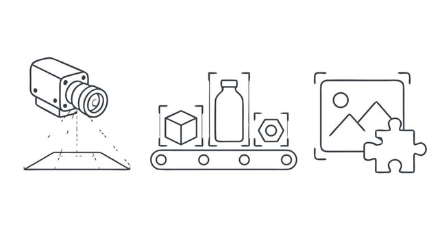 Clean flat vector illustration on a light background showing machine vision camera inspection, conveyor objects, and puzzle matching for automation or AI quality control presentations.