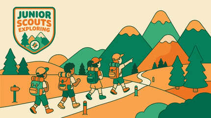 Fototapeta premium Junior scouts exploring mountains on hiking trail with trees and signs