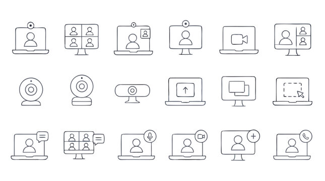 Clean flat vector illustration on a light background showing video conferencing and webcam line icons for remote work, online meeting apps, and digital communication UI design.