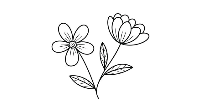 Black and white line of two blooming daisies with long stems and leaves daisy flower petal