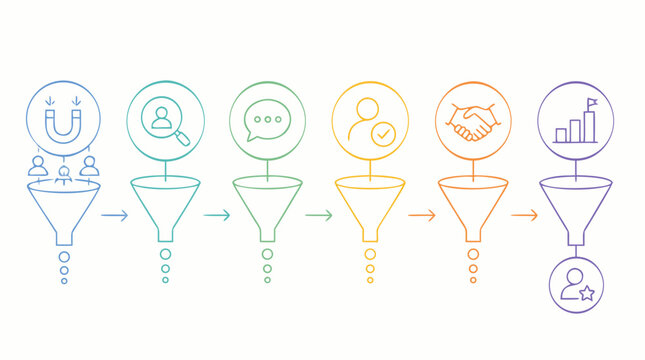 Clean flat vector illustration on a light background showing a multistage sales funnel workflow for lead generation, customer qualification, partnership, and business growth marketing.