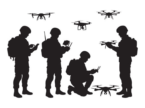 Military Soldiers Operating Drones Silhouette Vector Illustration