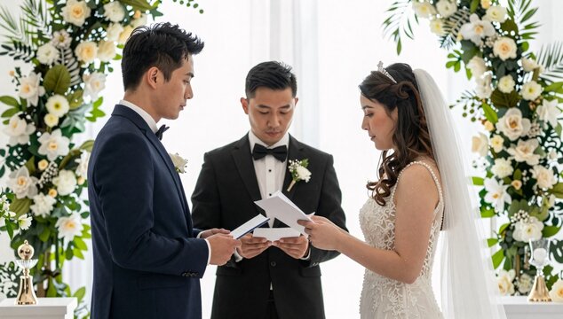 Newlyweds exchange vows during their wedding ceremony with officiant present in front of flower arch