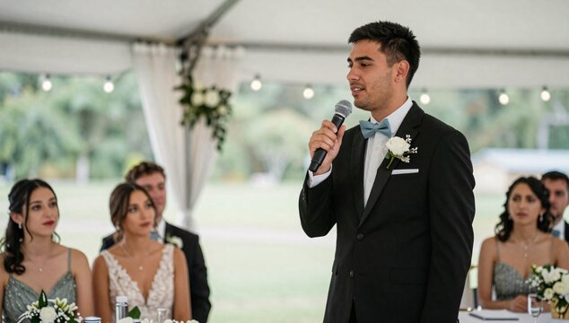 Elegant speaker gives wedding toast with bride and wedding party watching