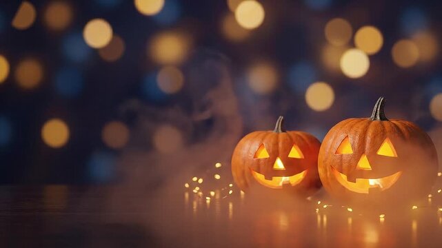 Glowing pumpkins on wooden table with fairy lights on halloween night