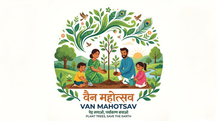Fototapeta premium Indian Family Planting Trees for Van Mahotsav Festival Vector Illustration