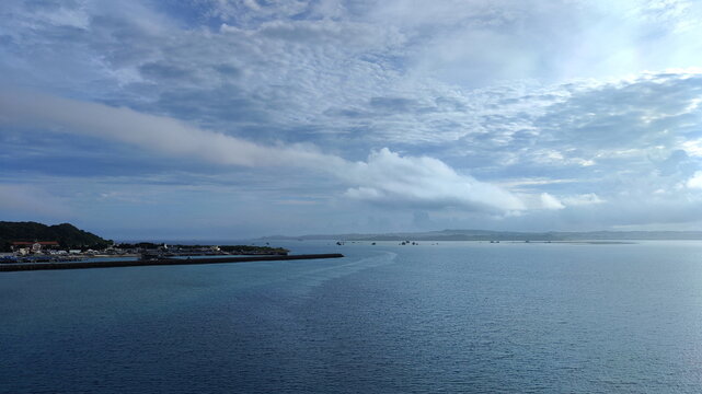 View from bridge to the bay, Hamahiga Island and Okinawa Island on cloudy day