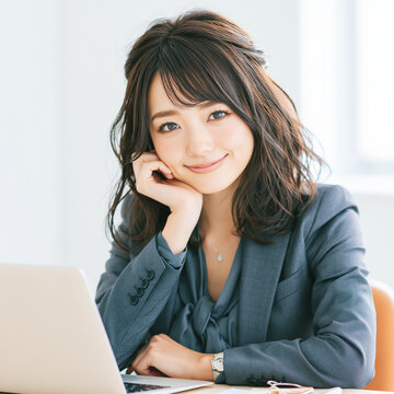 明るいオフィスでノートパソコンを開いて笑顔でこちらを見つめるスーツ姿の日本人ビジネスウーマン