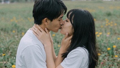 Fototapeta premium Affectionate couple shares a tender kiss in a field of wildflowers