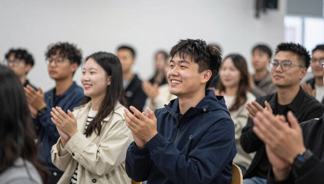 Enthusiastic group of young adults claps their hands at an indoor event