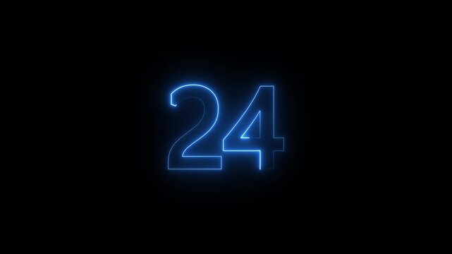 Neon blue Number 24 Animation, Glowing Numeric Symbol for Countdown or Anniversary on Black Background.. with Bright neon glowing number 24. Neon text number 24 icon background 4k animation video .