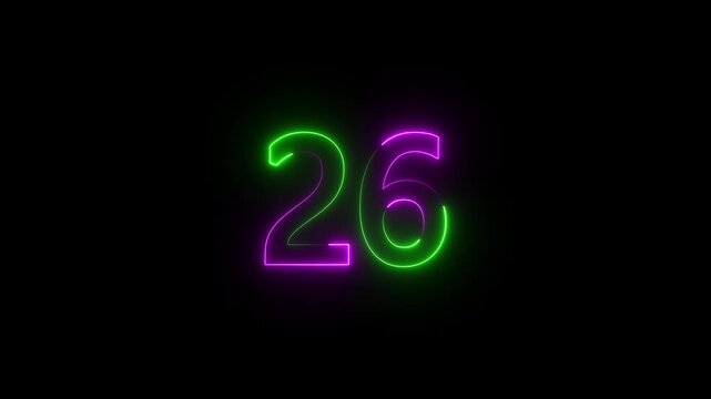 Glowing Numeric Symbol for Countdown or Anniversary on Black Background.. with Bright neon glowing number 26. Neon text number 26 icon background 4k animation video .