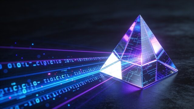 A pyramid glows with purple and blue light on a dark surface with binary code lines.