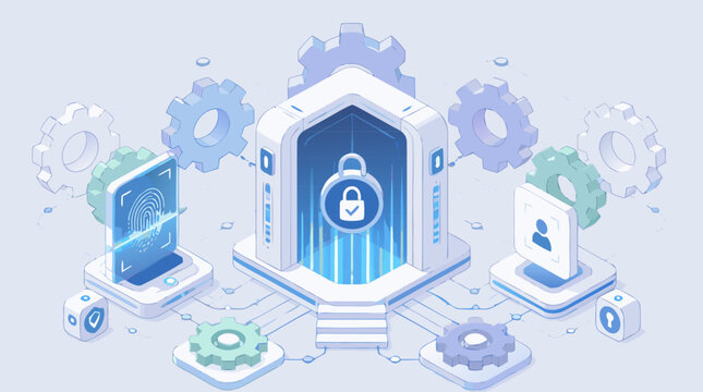 Clean flat vector illustration on a light background showing a secure digital vault with lock, fingerprint scan, user ID and gears for cybersecurity or access control marketing.
