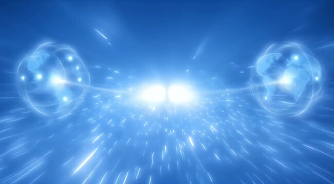 Digital data transfer between glowing futuristic spheres.