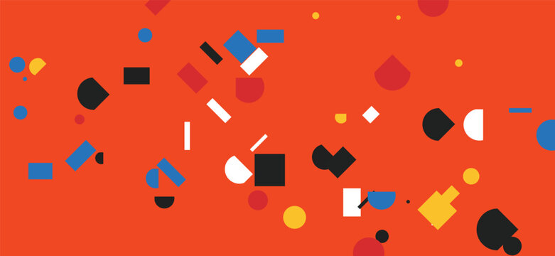 Orange playful geometric shapes background. scattered bauhaus circles, squares, half moons, bright multicolored confetti. for modern kid birthday posters, retro pop art flyers. flat pattern.