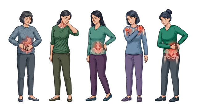 A group of five women displaying various ailments and discomforts, highlighted by glowing red areas indicating pain in their abdominal, neck, back, shoulder, and hip regions
