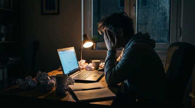 Tired student or employee working late at night on a laptop, stressed and overwhelmed by tasks, with crumpled paper balls around