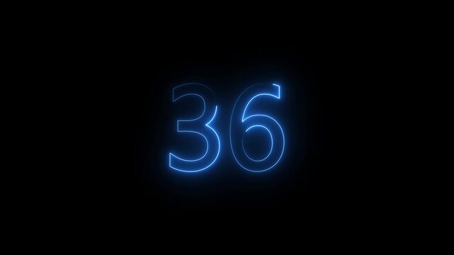 Abstract glowing Neon 36 number educational mathematics text icon animation on black background. a dynamic motion and glowing neon number countdown icon animation.