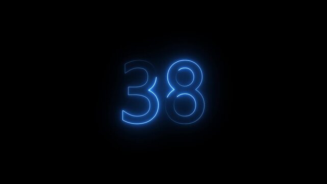 Abstract glowing Neon 38 number educational mathematics text icon animation on black background. a dynamic motion and glowing neon number countdown icon animation.