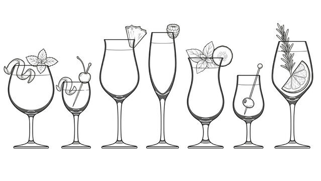 A collection of seven different cocktail glasses, each uniquely garnished with fruits and herbs, arranged in a line