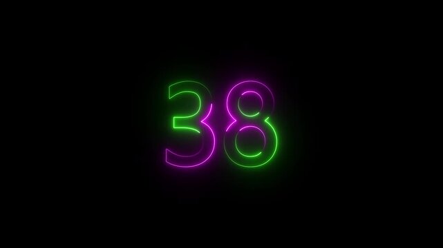 Abstract glowing Neon 38 number educational mathematics text icon animation on black background. a dynamic motion and glowing neon number countdown icon animation.
