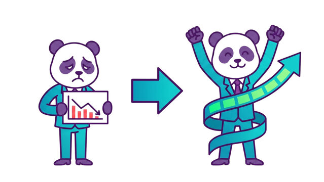 A sad panda in a suit holding a declining graph is transformed into a happy, successful panda in a suit with an upward trending arrow symbolizing growth and prosperity