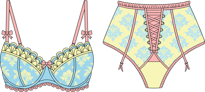 Elegant vintage lingerie vector set featuring a baroque pattern bra and high waisted laced panties with garter straps