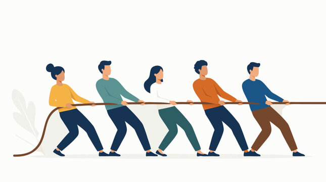 Clean flat vector illustration of a diverse team pulling a rope in tug of war on a light background, ideal for teamwork, competition, and leadership campaigns.