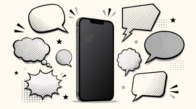 Clean flat vector illustration of a smartphone surrounded by comic speech bubbles on a light background, ideal for messaging, chat app, social media, and customer support designs.