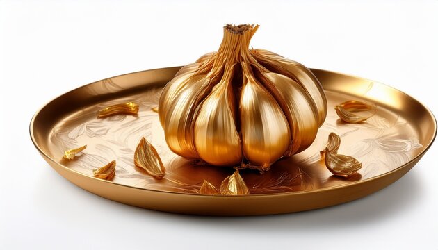 golden roasted garlic bulb white background