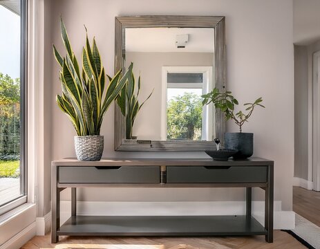 a stylish and minimal entryway home decor with a floating console table a large mirror and snake plant creating a welcoming modern space