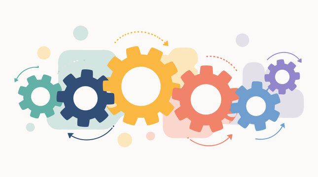 Clean flat vector illustration of colorful interlocking gears with arrows on a light background, ideal for business workflow, automation, teamwork, and process optimization materials.