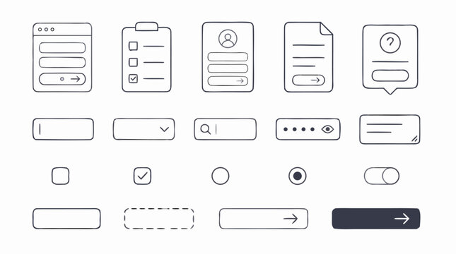 Clean flat vector illustration on a light background showing a minimal UI wireframe kit with forms, buttons, checkboxes, search fields, and app icons for web design.