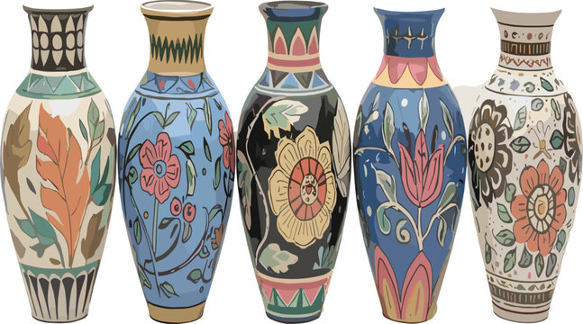 Traditional Ceramic Vase Vector Set with Hand Drawn Floral Patterns and Colorful Folk Art Pottery Ornaments for Antique Ceramic Designs