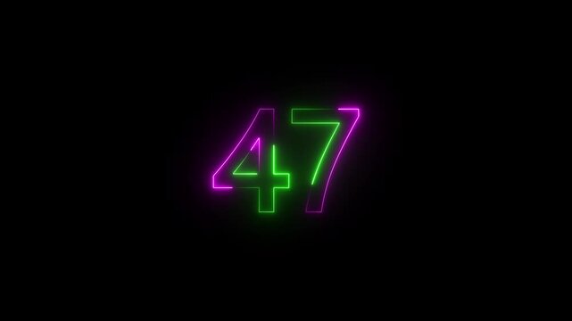 Neon text 47 number countdown icon blue color navy and black background . Neon number 47 with alpha channel, neon numbers, Bright neon glowing number 47, Energy Neon Number 47 Animation. 4k video..