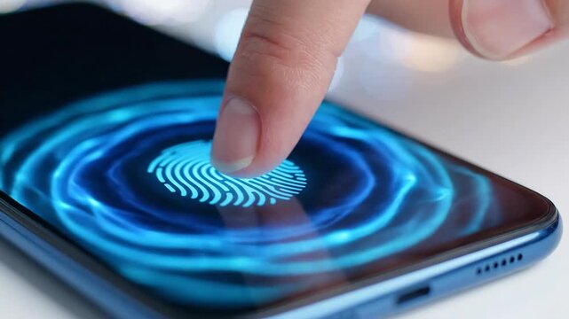 Fingerprint smartphone security biometrics touch unlock technology identification immersive glowing fingerprint smartphone screen secure access