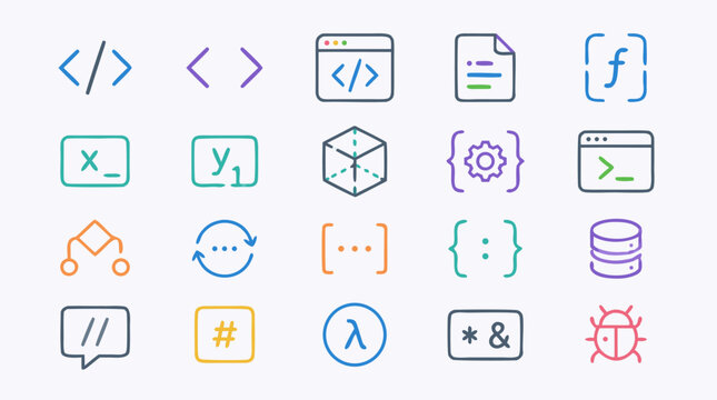 Clean flat vector illustration on a light background showing colorful programming and web development icons for software tutorials, coding courses, developer tools, and tech branding.